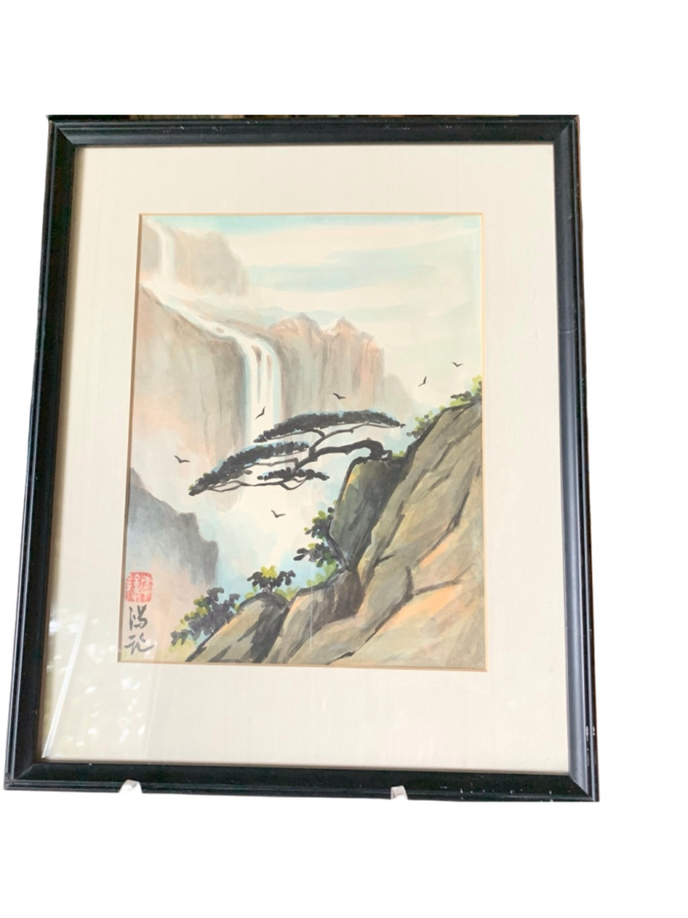 Vintage East Asian Landscape Painting, framed, Grey & Blue